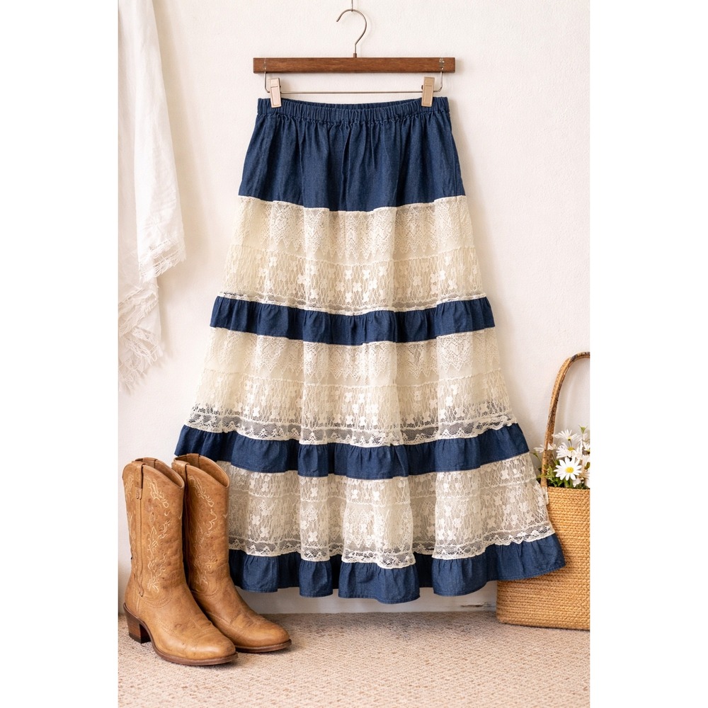 Vintage 90s Prairie Lace Chambray Tiered Midi Skirt Boho Cottagecore Festival L